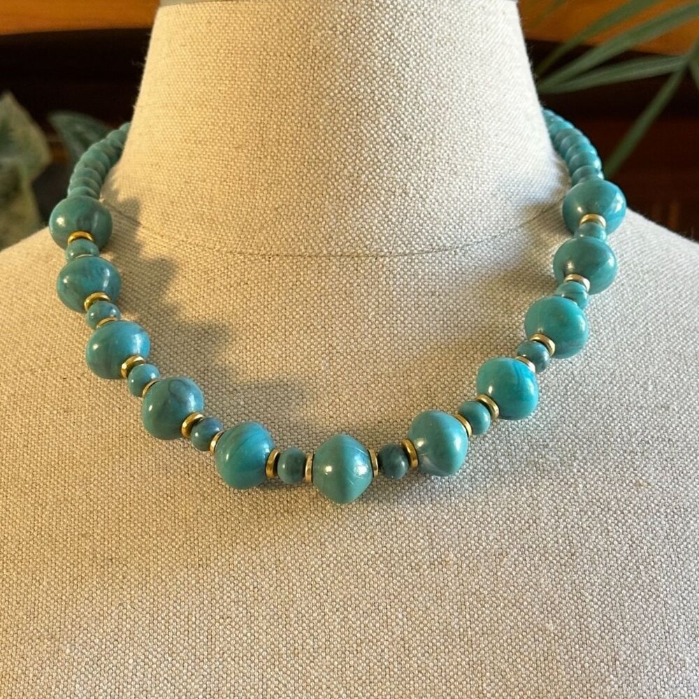Vintage Turquoise Blue Molded Resin Beaded Necklace 20" With Gold-Tone Spacers